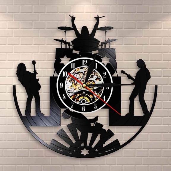 Amblelife Rock Band Music Group Wall Clock Rock Band Drummer Heavy Metal Group Guitarist Performance Stage Show Vinyl Record Wall Clock