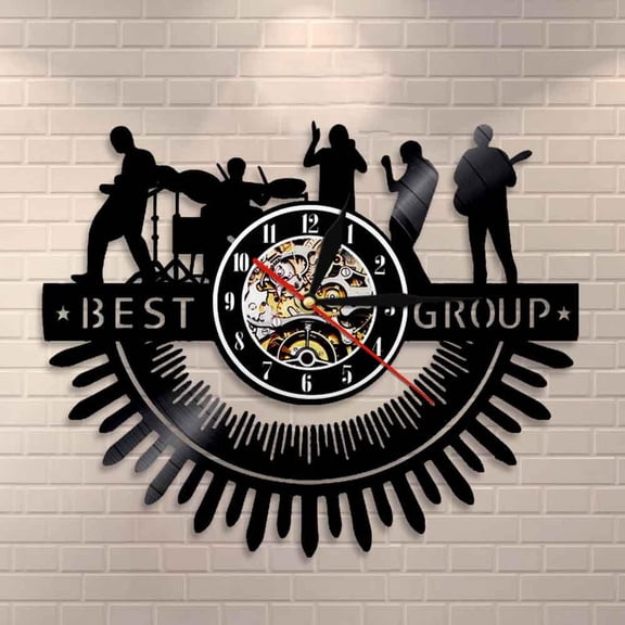 Amblelife Rock Band Silhouettes Wall Art Rock & Roll Heavy Metal Music Band Wall Clock Drums Melody Concert Live Show Vinyl Record Clock