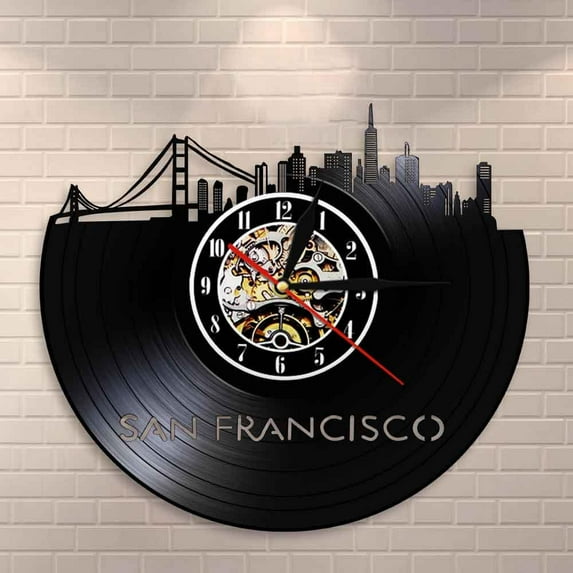 Amblelife San Francisco Skyline Wall Art USA S.F. Cityscape Wall Clock Clock Golden Gate Bridge Vintage Vinyl Record Clock Travel Landmark