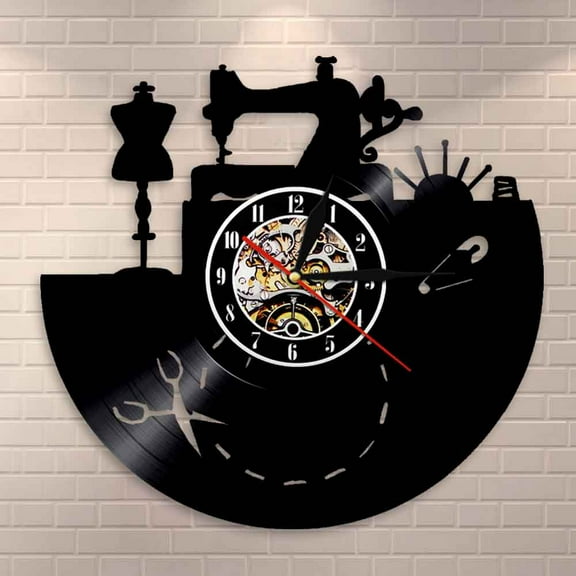 Amblelife Sewing Machine Wall Clock Art Sewing Design Vinyl Record Clock Gifts for Seamstress Tailors Fashion Store Craft Room Wall Decor