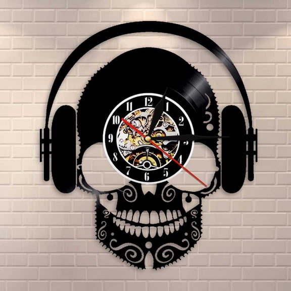 Amblelife Skull Music Headphones DJ Wall Art Scary Skull Wearing Headphones Home Decor Musical Skull Vinyl Record Wall Clock Wall Watch