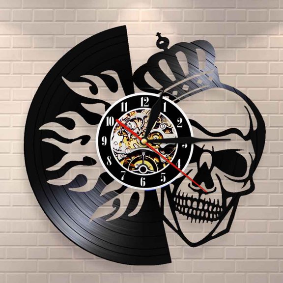 Amblelife Skull with Crown On Fire Wall Art Wall Clock Halloween Royal Skull Crown Vinyl Record Wall Clock King Skeleton Decorative Clock