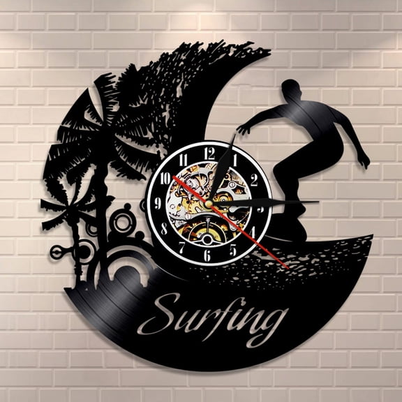 Amblelife Surfing Hobby Vintage Vinyl Record LP Wall Clock Summer Beach Time Wall Clock Surfing Wave Black Wall Decor Wall Art Surfer Gift