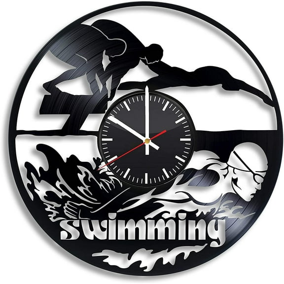 Amblelife Swimming Olympic Sport Pool Water Vinyl Wall Clock, Vinyl Record Handmade Art Decor for Home Room Kitchen, Vintage Original Gift for Any Occasion, Party Supplies Decoration