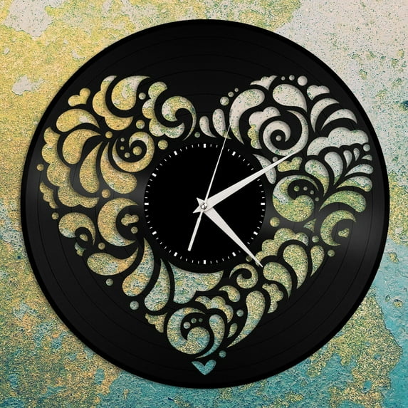 Amblelife Swirl Heart Vinyl Wall Clock Unique Gift for Friends Home Living Room Decoration Vintage Design Office Bar Room Home Decor