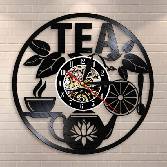 Amblelife Tea Time Wall Decor Tea Pot Design Wall Clock Drink Tea Vinyl Record LP Clock Decorative Hanging Watch Tea Lovers Room Decor
