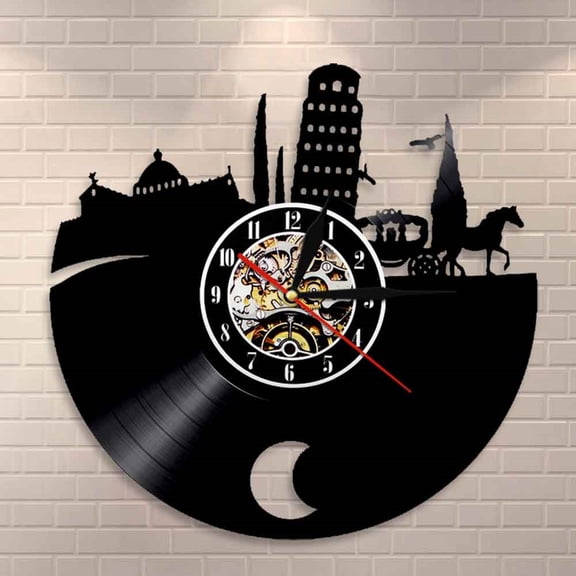Amblelife Torre pendente di Pisa Wall Art Wall Clock Leaning Tower of Pisa Vinyl Record Wall Clock Italy Sightseeing Cityscape Wall Watch