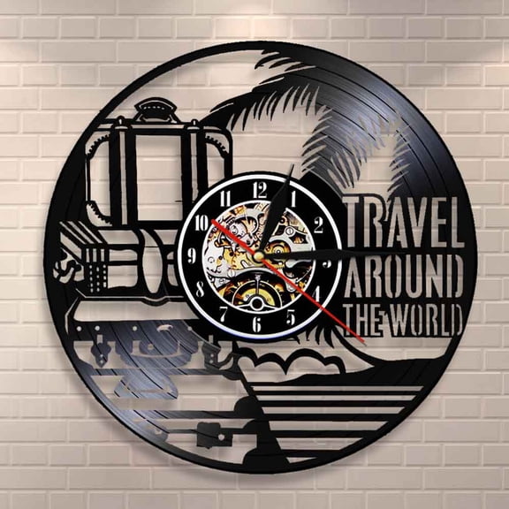 Amblelife Travel Around The World Vacation Tourism Wall Clock Travel Doodles Vinyl Record Wall Clock Travel Planner Decorative Wall Watch