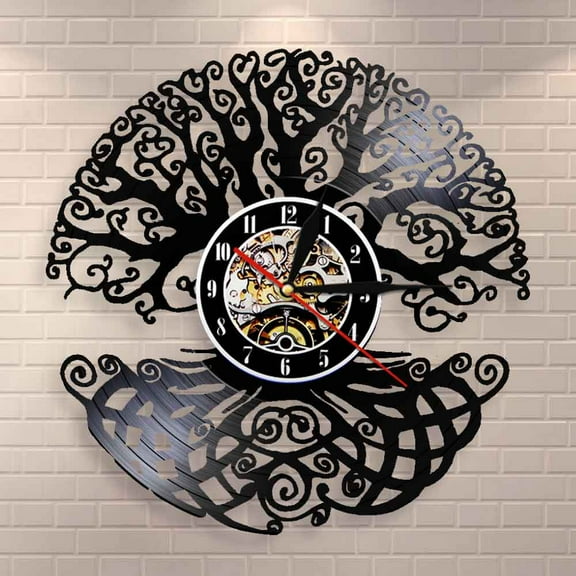 Amblelife Tree of Life Wall Art Wall Clock Sacred Tree Vintage Vinyl Record Longplay Clock Green Life 3D Silhouette Shadow Wall Clock