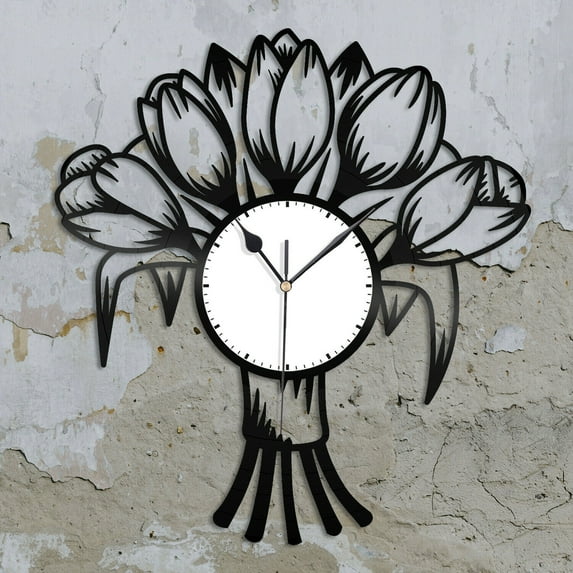 Amblelife Tulips Flowers Vinyl Wall Clock Unique Gift for Friends Home Room Office Decor Vintage Design Office Bar Room Home Decor