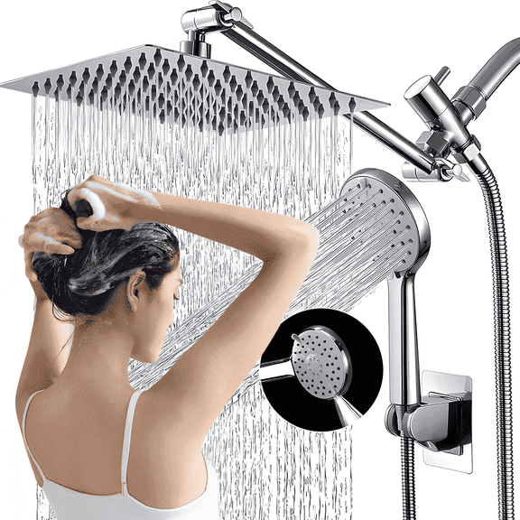 10" Rain Shower Head, Handheld Spray Combo 5 Settings Adjustable High Pressure Dual Showerhead Silver Chrome