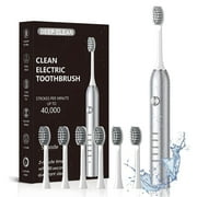 AMBLER Electric Toothbrush for Adults and Kids,40000 VPM Deep Clean 5 Modes 6 Brush Heads Smart Timer（White）