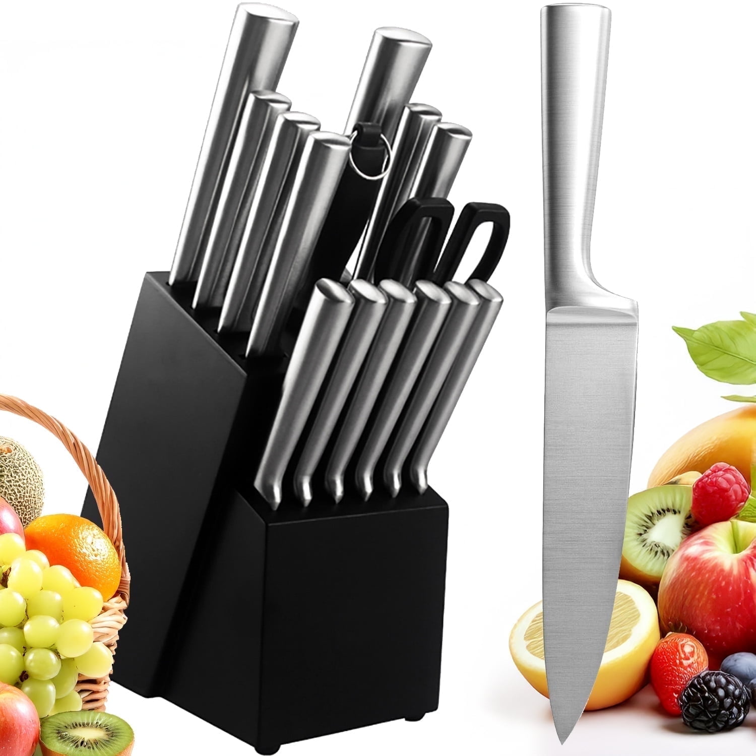 AMBLER Kitchen Knife Set with Block, 16 PCS High Carbon Stainless Steel Sharp Serrated Steak Knives(Silver) - Walmart.com