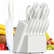 AMBLER Knife Sets, 15 Pcs Sets with Block Built-in Sharpener Kitchen Knife Stainless Steel White