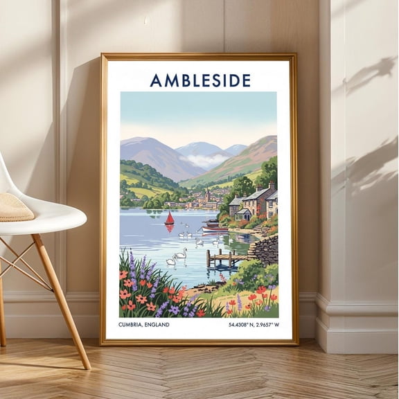 Ambleside Lakeside Village Print: Vintage British Travel Poster, Unframed Poster Size 8x12