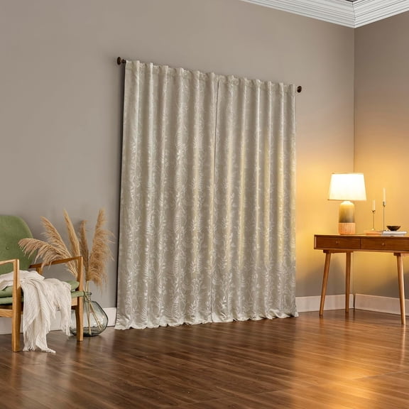 Ambridge 2-Pack Embroidered Botanical Leaf Pleated Look Blackout Back Tab Curtain Panel Pair, 50" x 84", Cream