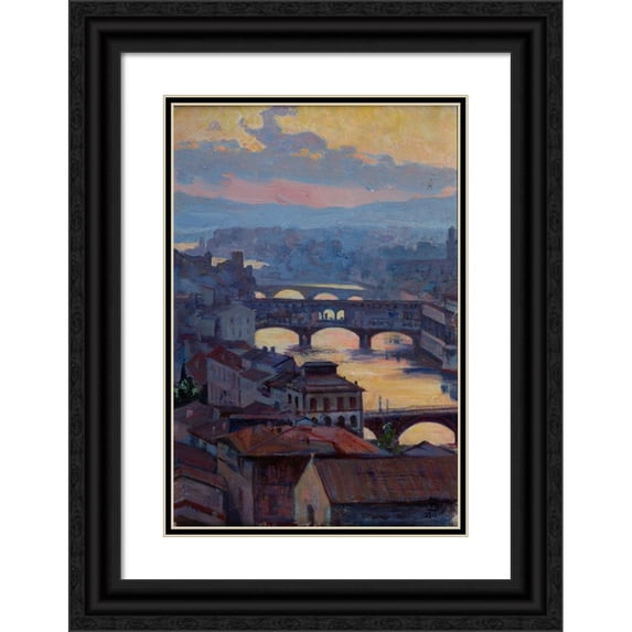 Ambroży Sabatowski 14x18 Black Ornate Wood Framed Double Matted Museum Art Print Titled - Sunset Over Arno (1911)