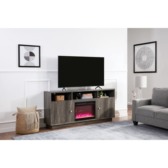 Ambrogio 70"W Gray Walnut Finish Fireplace TV Stand Console with Heater, LED Light, Cabinets, Shelves