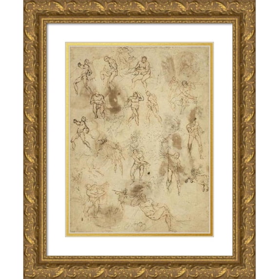 Ambrogio Figino 12x14 Gold Ornate Wood Frame and Double Matted Museum Art Print Titled - Studies of Figures (Verso) (C. 1586)