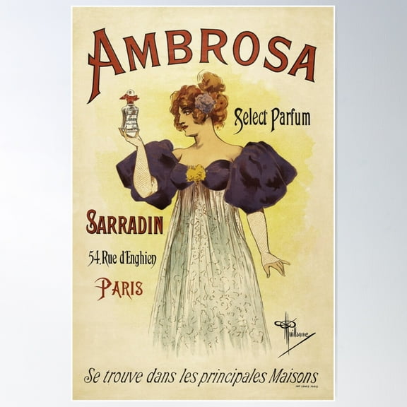 Ambrosa Select Parfum Paris 1900S Vintage France Perfume Advertisement Poster By Albert Guillaume Poster Wall Art, Modern Wall Decor For Living Room Bedroom, 24x36 UNFRAMED