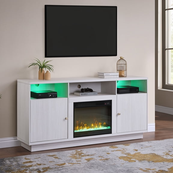 Ambrose 70"W White Walnut Finish Fireplace Console TV Stand with Heater, LED Light, Cabinets, Shelves
