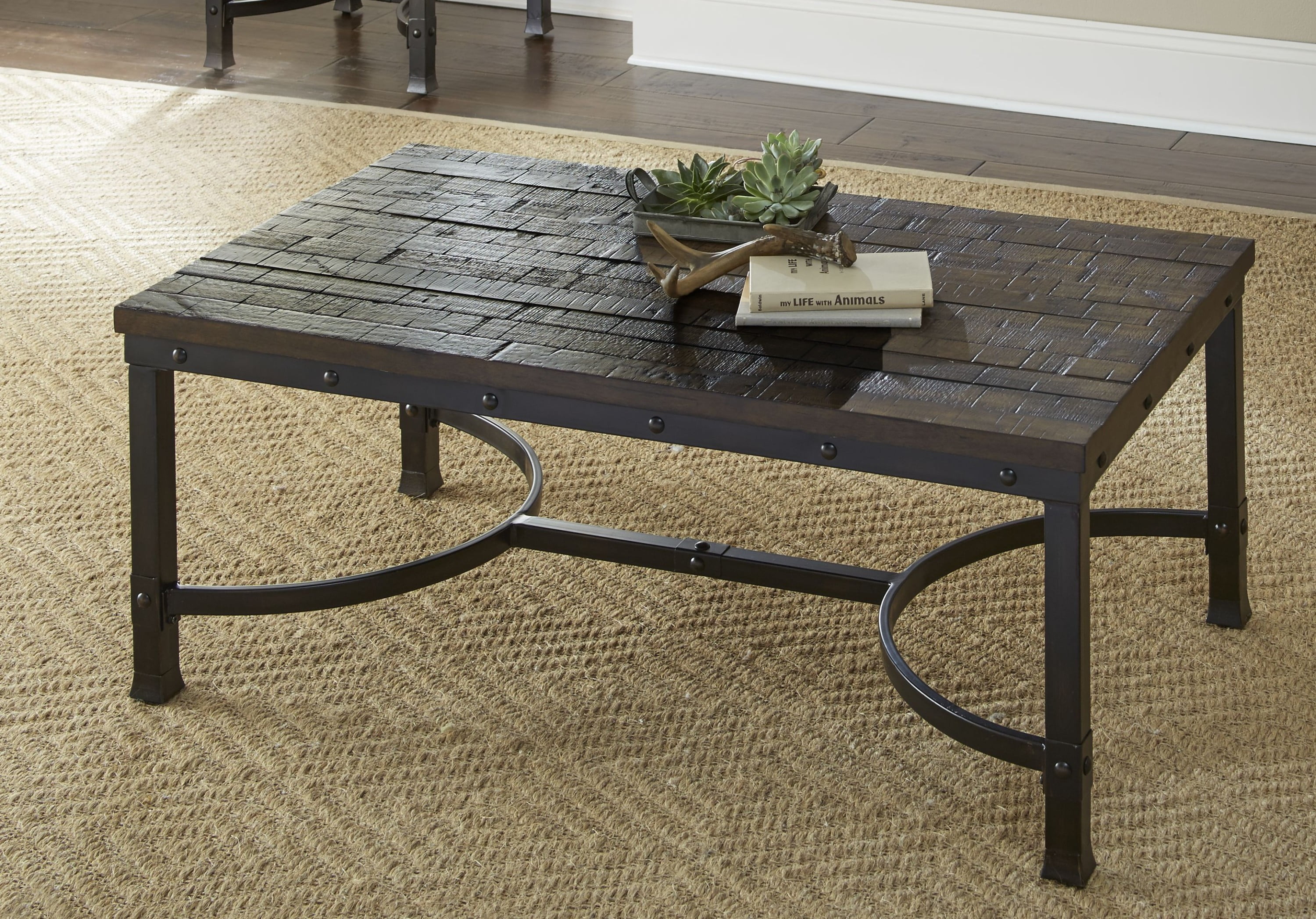 Ambrose 48'' Rustic Honey Wood and Ebony Metal Rectangular Cocktail Table