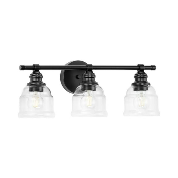Ambrose Collection Three-Light Farmhouse Matte Black Clear Glass Bath Vanity Light