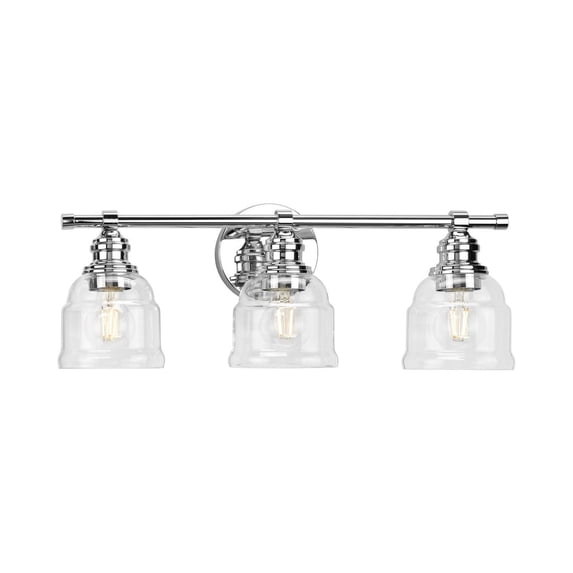 Ambrose Collection Three-Light Farmhouse Polished Chrome Clear Glass Bath Vanity Light