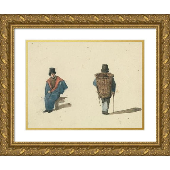 Ambrose Poynter 14x11 Gold Ornate Wood Frame and Double Matted Museum Art Print Titled - Scenes from Life in Paris; Man Seated and Man Carrying Basket (ca. 1835)