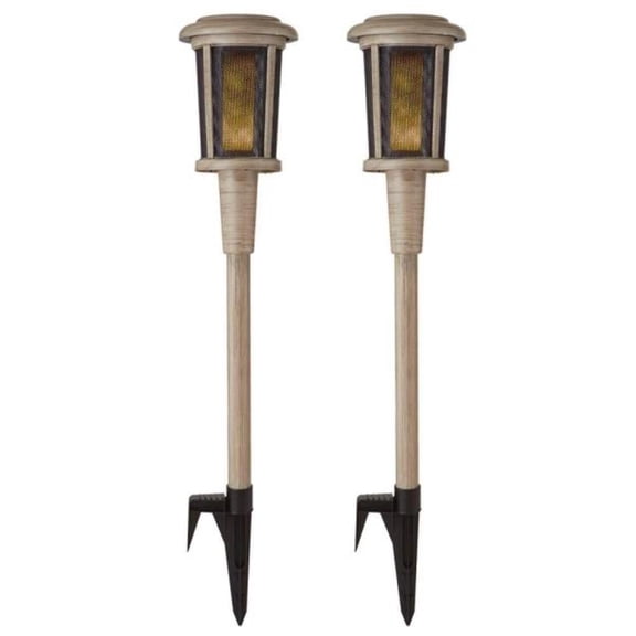 Ambrose Solar 6 Lumens Natural Oak Integrated LED Flicker Flame Torch Path Light with Adjustable Height (2-Pack)