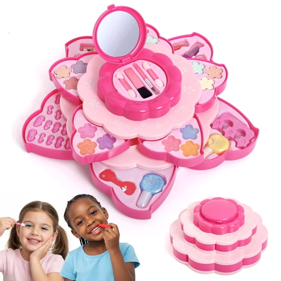 Ambrosia Belle 41-Pc Real Kids Makeup Kit, Flower Case, Ages 3-10 41-piece set: full cosmetics + nail art station. Blooms into a flower case. Lab-tested (CPSIA/ASTM F963-23). Ages 3-10.