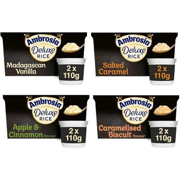 Ambrosia Deluxe Rice Pudding Variety Pack, Madagascan Vanilla, Salted Caramel, Apple & Cinnamon, Caramelised Biscuit, 2x110g Each - (Total 8 Pots)