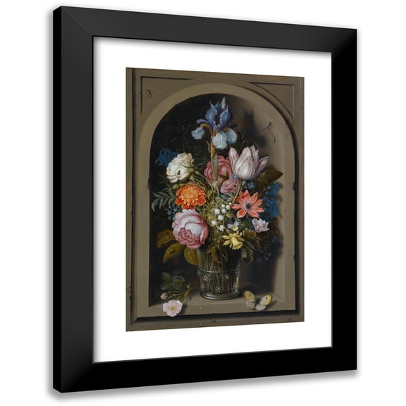 Ambrosius Bosschaert the Elder 11x14 Black Modern Framed Museum Art Print Titled - A Still Life of Flowers in a Glass Beaker Set in a Marble Niche