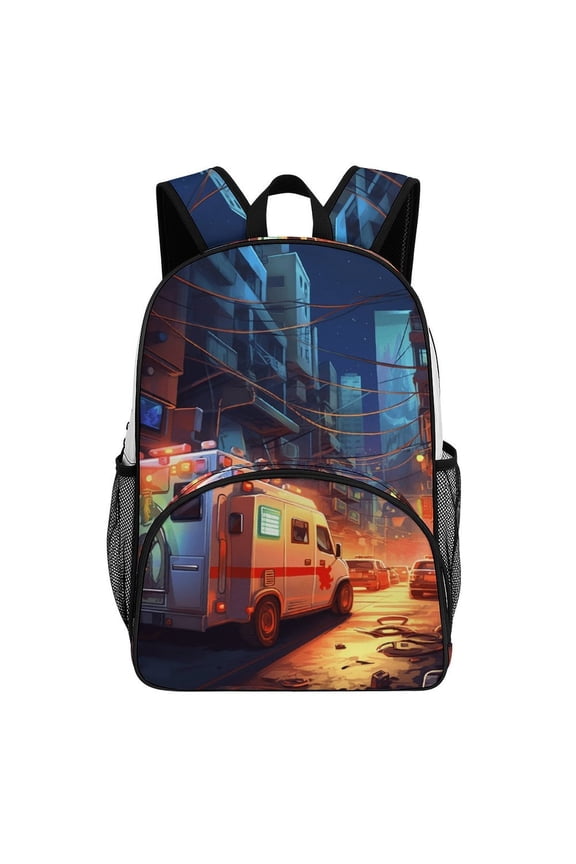 Ambulance Night City Urban Scene Backpack Travel Laptop Casual College Daypack Back to Bag