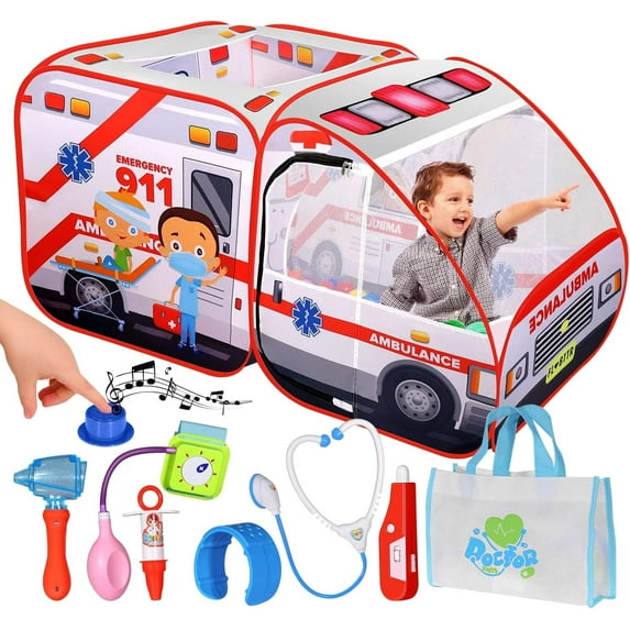 Ambulance Pop-Up Play Tent for Kids with Sounds & Doctor Kit - Indoor & Outdoor Emergency Vehicle Playset