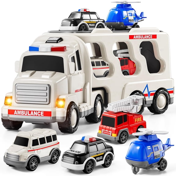 5 in 1 Emergency Rescue Vehicle Toy Set with Lights & Sounds, Ambulance Transport Truck Includes Police Car, Fire Truck, Ambulance & Helicopter, Toys for Boys Girls Ages 3-6, Birthday Gifts