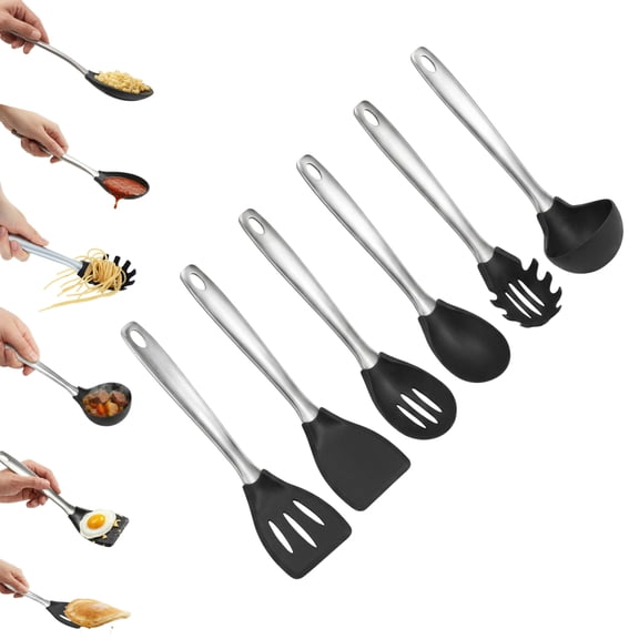 Amco 6-Piece Nylon Utensil Set - Heat-Resistant with Stainless Steel Handles - BPA-Free, Safe for Non-Stick Cookware - Dishwasher Safe Cooking Tools, Kitchen Essentials for Home & Restaurant Use