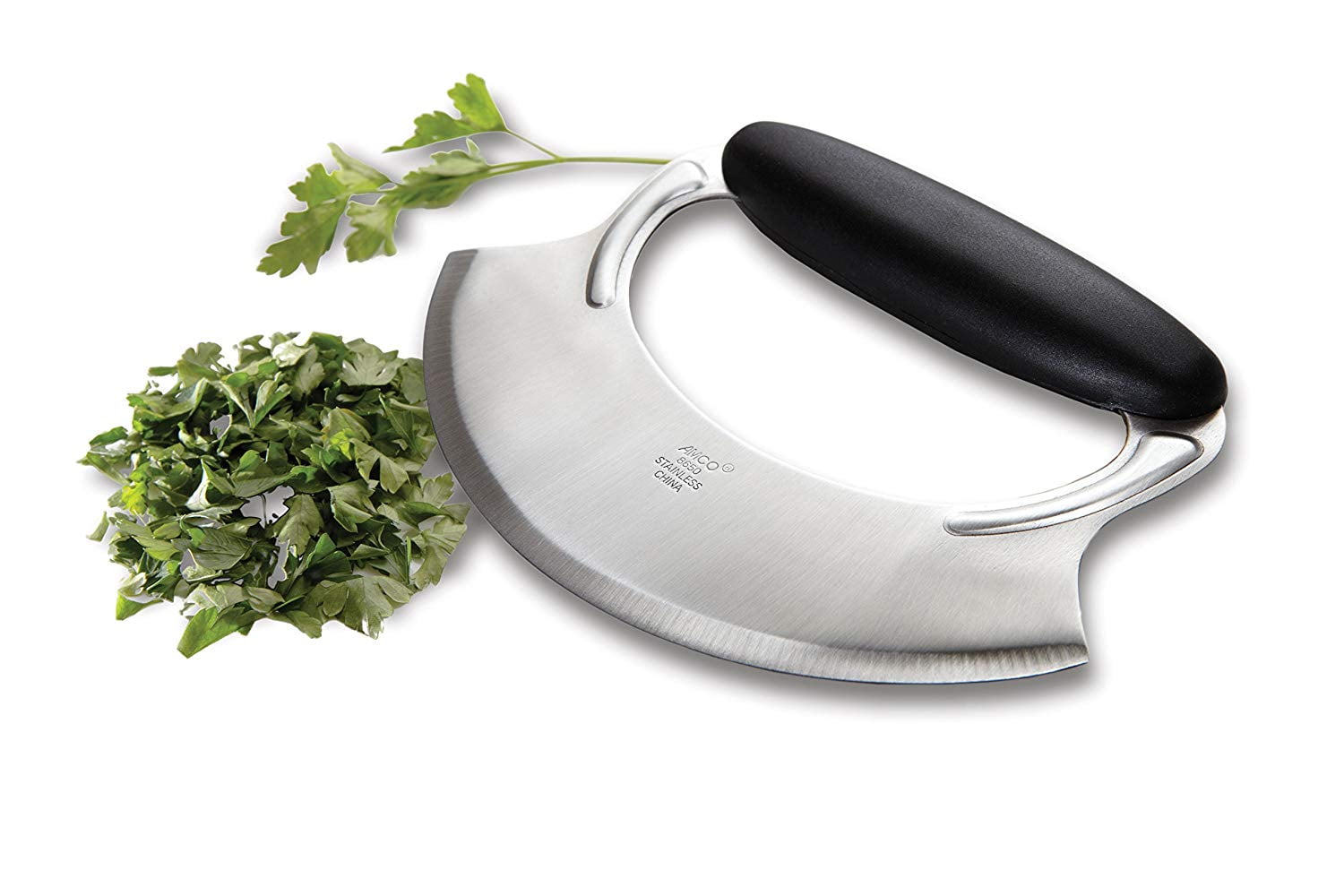 Amco Stainless Steel Handheld Mezzaluna with Non-Slip Silicone Handle, Silver Black, 1-Pack