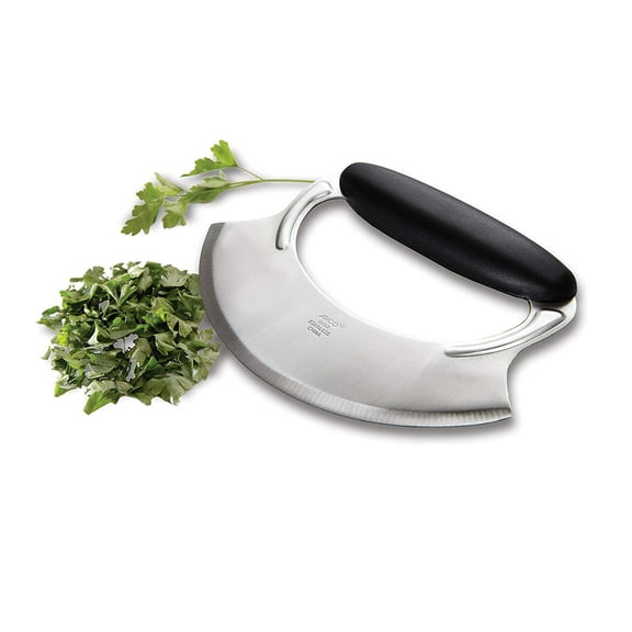 Amco Stainless Steel Handheld Mezzaluna With Easy Use Non Slip Silicone Handle - Silver Black