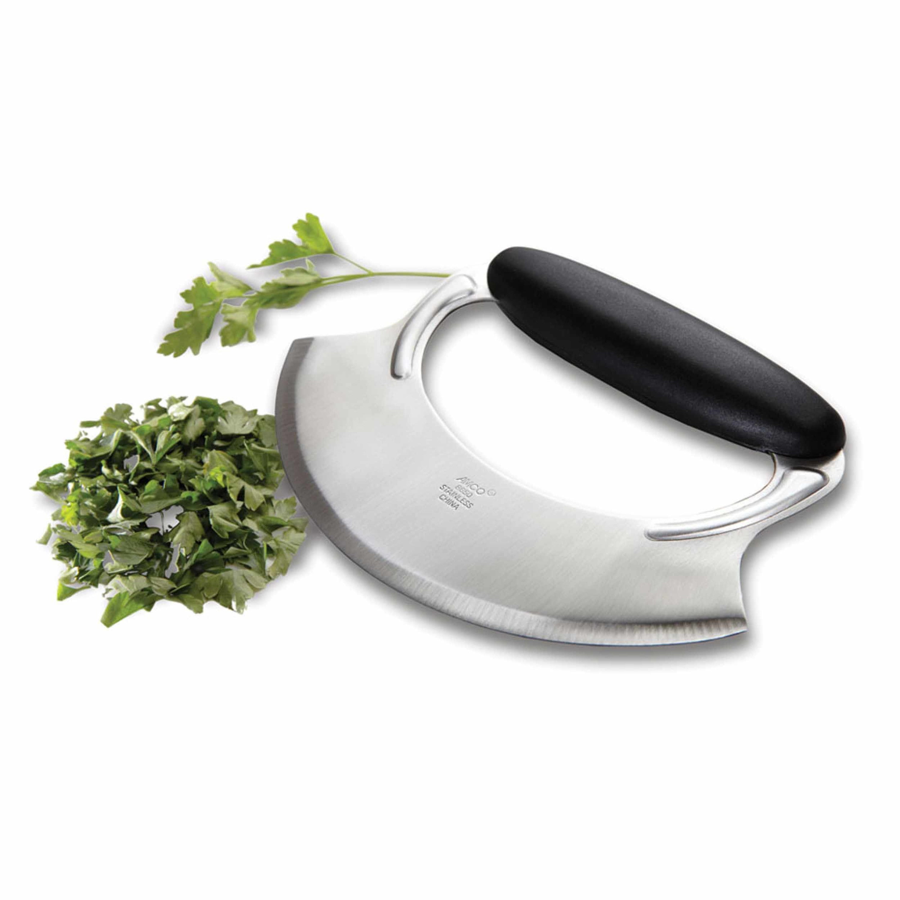 Amco Stainless Steel Handheld Mezzaluna with Non-Slip Silicone Handle, Silver Black, 1-Pack
