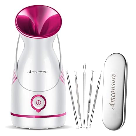 Amconsure Facial Steamer - Nano Ionic Face Steamer Warm Mist Steamer for Home Sauna SPA Humidifier for Face Steamer for Deep Cleaning Unclogs Pores Sinuses - Bonus 5 Piece Stainless Steel Skin Kit