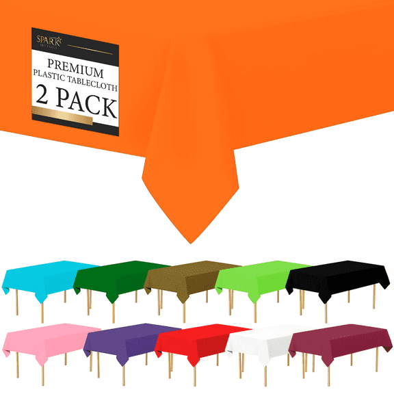 Amcrate Orange Plastic Tablecloth Disposable, 2 Pack Premium Tablecloths for Rectangle Tables 54 inch. x 108 inch. Fits Tables Up to 8 Feet, Plastic Table Cloth for Party, Wedding, Holidays