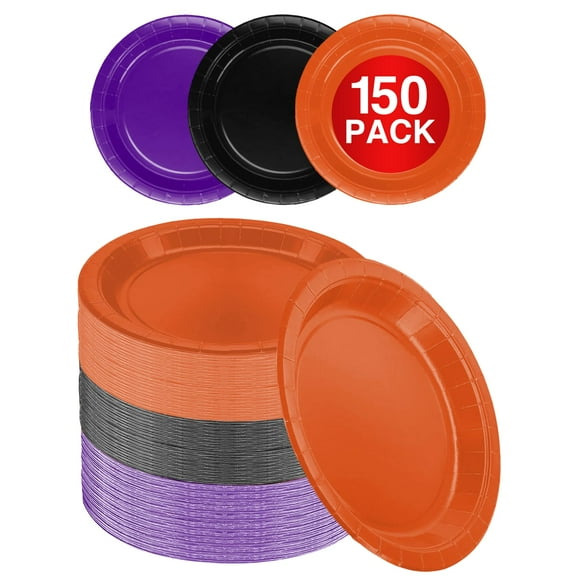 Amcrate Paper Dinner Plates Purple Black AFN1Orange, 9 Paper Plates Disposable, Strong & Sturdy Disposable Plates for Halloween Party, Dinner, Holiday, Picnic, or Travel Party Plates, Pack of 150