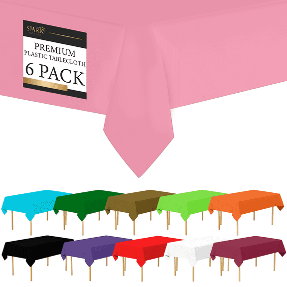 Amcrate Pink Plastic Tablecloth Disposable, 6 Pack Premium Tablecloths for Rectangle Tables 54 inch. x 108 inch. Fits Tables Up to 8 Feet, Plastic Table Cloth for Party, Wedding, Holidays