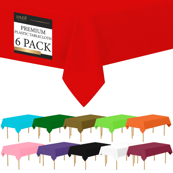 Amcrate Red Plastic Tablecloth Disposable, 6 Pack Premium Tablecloths for Rectangle Tables 54 inch. x 108 inch. Fits Tables Up to 8 Feet, Plastic Table Cloth for Party, Wedding, Holidays