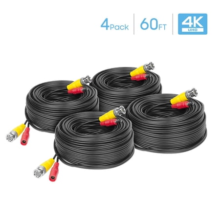 Amcrest 4-Pack 4K Security Camera Cable 60FT BNC Cable, Camera Wire CCTV, Pre-Made All-in-One Video and Power Cable for Security Camera, HDCVI, HDTVI Camera, Analog, DVR (4PACK-SCABLE4K60B-PP)
