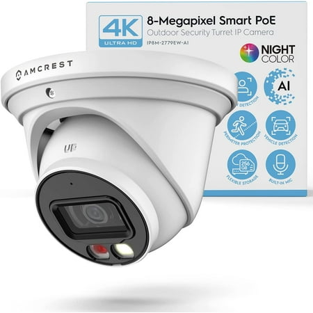 Amcrest 4K Night Color AI Turret IP PoE Camera 49ft Full Color Nightvision, Security IP Camera, Built-in Microphone, Human Detection, Perimeter Protection, 129° FOV, 4K@15fps IP8M-2779EW-AI (White)