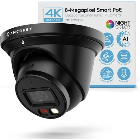Amcrest 4K Night Color AI Turret IP PoE Camera 49ft Full Color Nightvision, Security IP Camera, Built-in Microphone, Human Detection, Perimeter Protection, 129° FOV, 4K@15fps IP8M-2779EB-AI (Black)