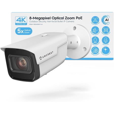 Amcrest 4K Optical Zoom AI IP PoE Camera, Varifocal Outdoor IP POE Camera Bullet, Human & Vehicle Detection, F1.5, 2.7mm~13.5mm Lens, IP67, 5X Optical Zoom, (IP8M-VB2696EW-AI)