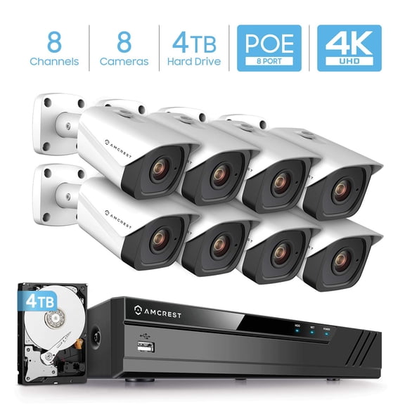 Amcrest 4K Security Camera System w/ 4K (8MP) 8CH PoE NVR, (8) x 4K (8-Megapixel) IP67 Weatherproof Metal Bullet POE IP Cameras, Pre-Installed 4TB Hard Drive, NV4108E-IP8M-2496EW8-4TB (White)